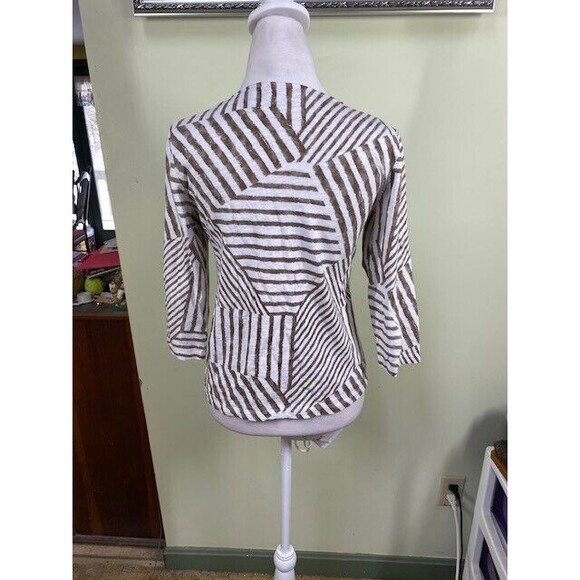 Weekends By Chico's Sz 0 Small Brown White Stripe 3/4 Sleeve Cotton Blouse Beach - Picture 4 of 7